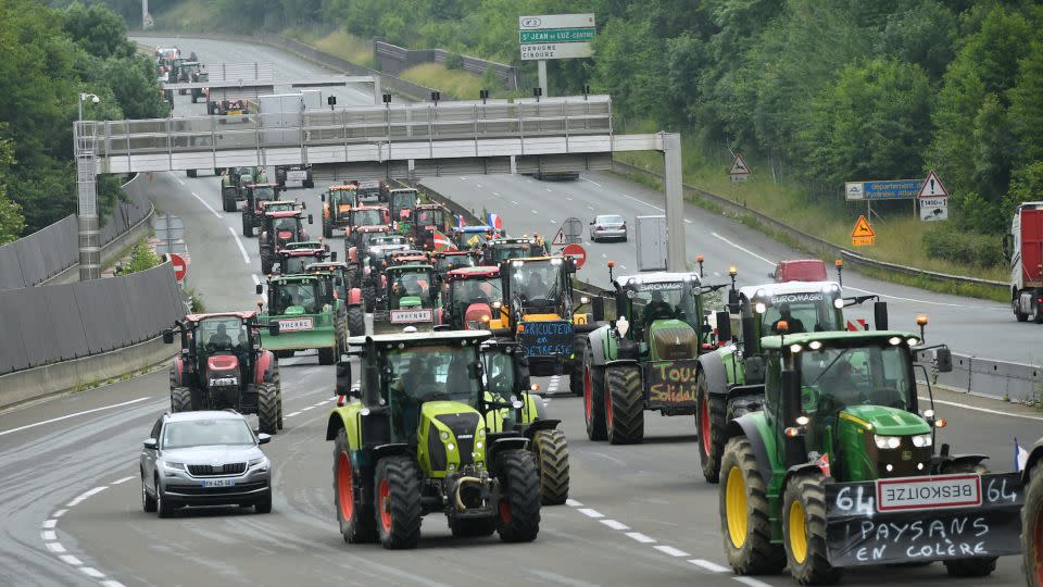 French farmers tractors arrive to block a highway on the border between Spain and France during a protest in Biriatou, southwestern France, on June 03, 2024. - Gaizka Iroz/AFP/Getty Images