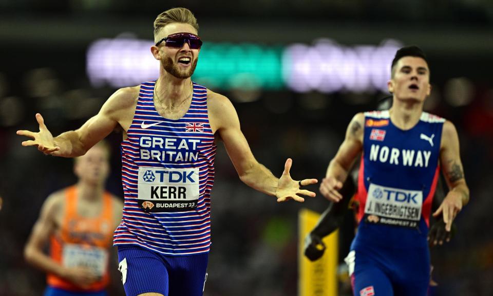 <span>Josh Kerr finishes ahead of Jakob Ingebrigtsen in the 1500m final at the World Athletics Championships in Budapest.</span><span>Photograph: Christian Bruna/EPA-EFE</span>