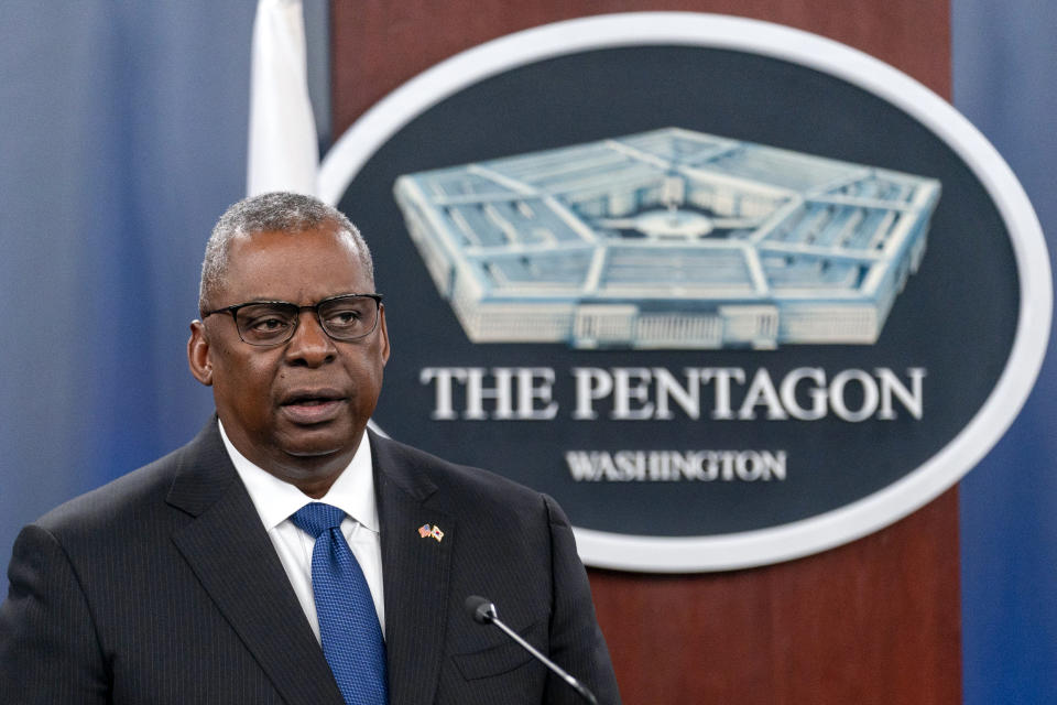 FILE - Secretary of Defense Lloyd Austin speaks during a news conference at the Pentagon, Nov. 3, 2022, in Washington. The U.S. is at a pivotal point with China and will need military strength to ensure that American values, not Beijing's, set global norms in the 21st century, Defense Secretary Lloyd Austin said Saturday, Dec. 3, 2022. Austin’s speech at the Reagan National Defense Forum capped a week where the Pentagon was squarely focused on China’s rise and what that might mean for America’s position in the world. (AP Photo/Andrew Harnik, File)