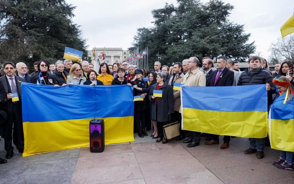  Yevheniia Filipenko (C), ambassador of the Permanent Representative Mission of the Ukraine to Geneva, with other ambassadors - SALVATORE DI NOLFI/EPA-EFE/Shutterstock