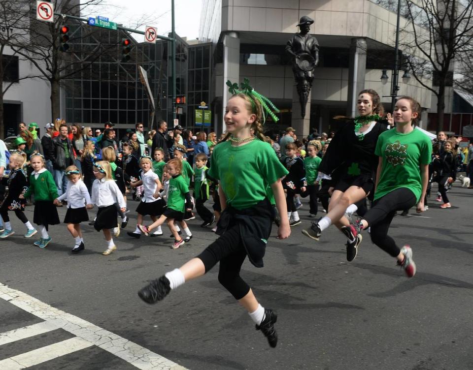 Dancers from Walsh Kelley School of Irish Dancing perform during the Charlotte St. Patrick’s Day Parade in uptown Charlotte.