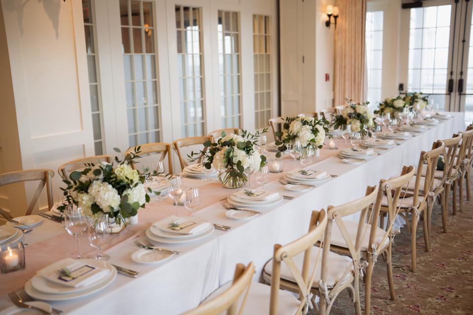 The reception area at Sandy Sikorski and Ken Steinkamp's wedding. The pair wed on April 14, 2024 at Ocean House in Westerly, Rhode Island.