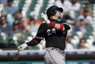 Chicago White Sox's Yasmani Grandal hits a solo home run against the Detroit Tigers in the fourth inning of a baseball game in Detroit, Monday, Sept. 27, 2021. (AP Photo/Paul Sancya)