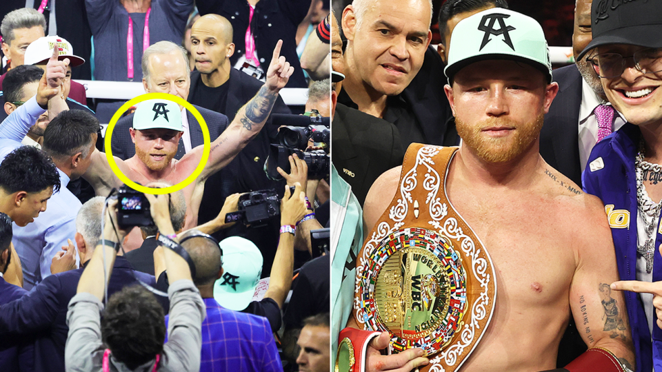 Canelo Alvarez celebrates and Canelo holds his belts.