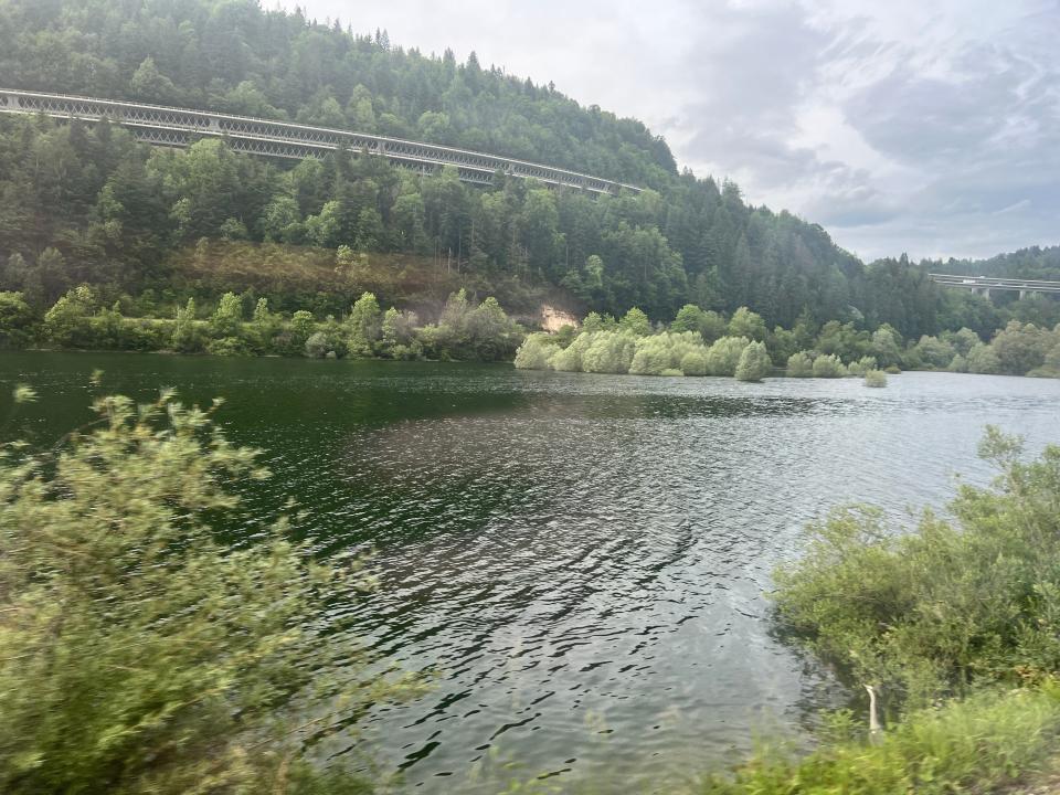 A view of Lac de Sylans in France from a TGV Lyria window