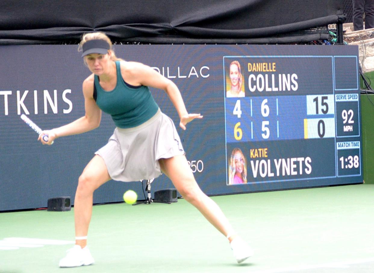 Danielle Collins returns a forehand to Katie Volynets during their second-round singles match of the ATX Open at Westwood Country Club in Austin, Texas on February 29, 2024. Collins won in three sets to advance to the quarterfinals.