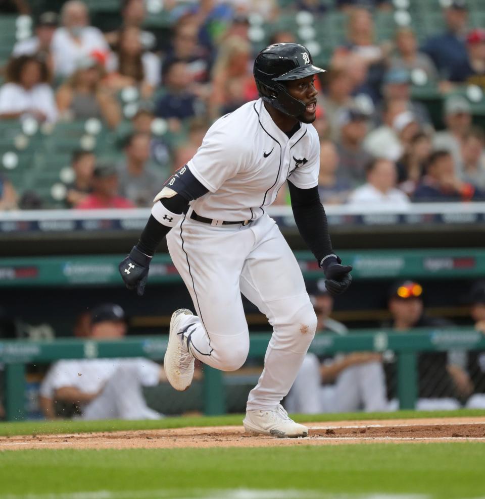 Detroit Tigers center fielder Akil Baddoo (60) singles against Houston Astros starting pitcher Luis Garcia (77) during first inning action on Thursday, June 24, 2021, at Comerica Park in Detroit.