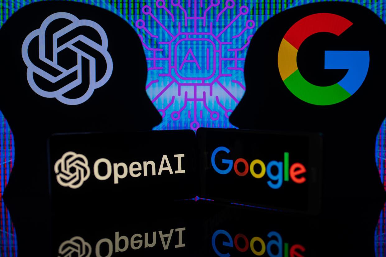 Google Bard VS OpenAI ChatGPT displayed on Mobile with Openai and Google logo on screen seen in this photo illustration. On 7 February 2023 in Brussels, Belgium.