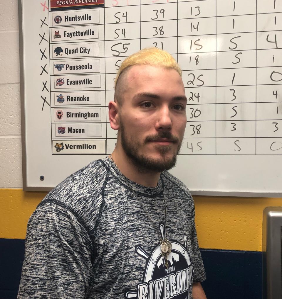 Rivermen defenseman Zach Wilkie dyed his hair blonde and shaved the sides to replicate the style worn by Rivermen players in their 1999-2000 ECHL Kelly Cup championship run.