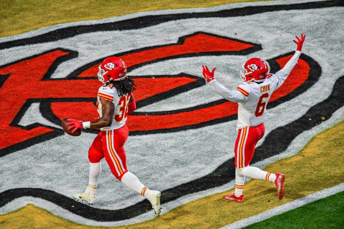 Kansas City Chiefs safety Bryan Cook celebrates while linebacker Nick Bolton runs in a fumble recovery for a touchdown in the second quarter during Super Bowl LVII Sunday, Feb. 12, 2023, in Glendale, Ariz.