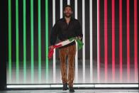 Marco Mengoni of Italy is introduced during dress rehearsals for the Grand final at the Eurovision Song Contest in Liverpool, England, Friday, May 12, 2023. (AP Photo/Martin Meissner)