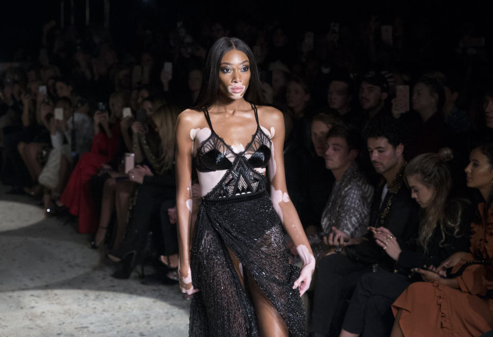 Winnie Harlow took to the runway in an asymmetric dress by the Welsh designer [Photo: PA]