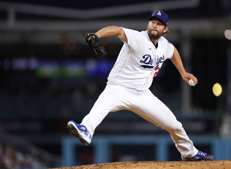 LOS ANGELES, CALIFORNIA - APRIL 01: Clayton Kershaw #22 of the Los Angeles Dodgers pitches.