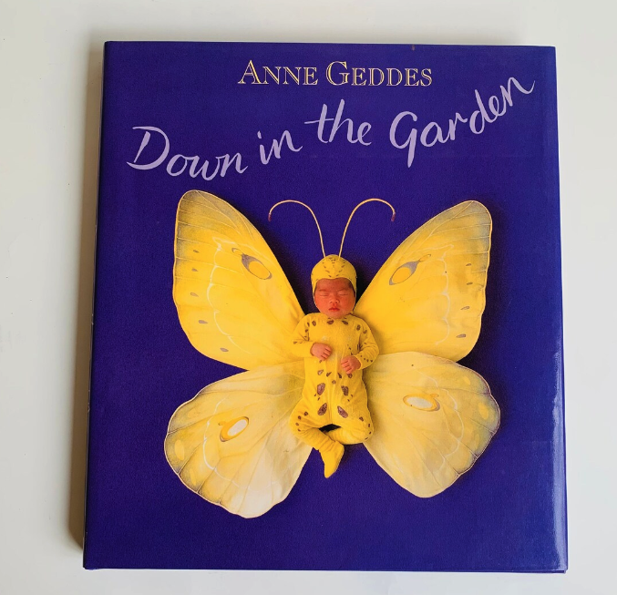 Book cover of "Down in the Garden" by Anne Geddes, featuring a sleeping baby dressed as a butterfly against a solid background