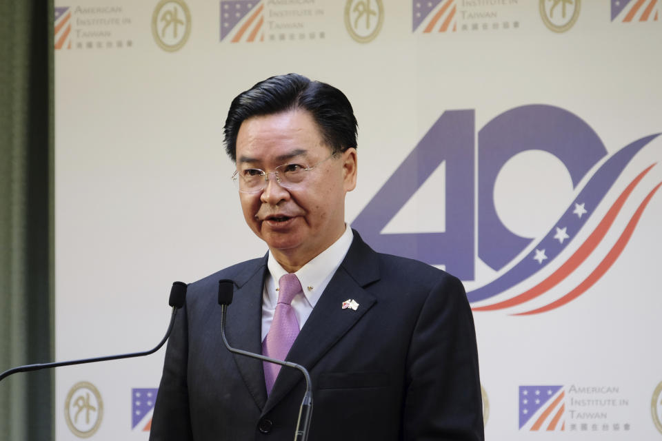 Taiwan Foreign Minister Joseph Wu speaks during a press conference with American Institute in Taiwan (AIT) director William Brent Christensen in Taipei, Taiwan Tuesday, March 19, 2019. Taiwan and the U.S. will hold talks later this year as part of efforts to counter growing pressure from Beijing to force the island into political unification with mainland China. (AP Photo/Johnson Lai)