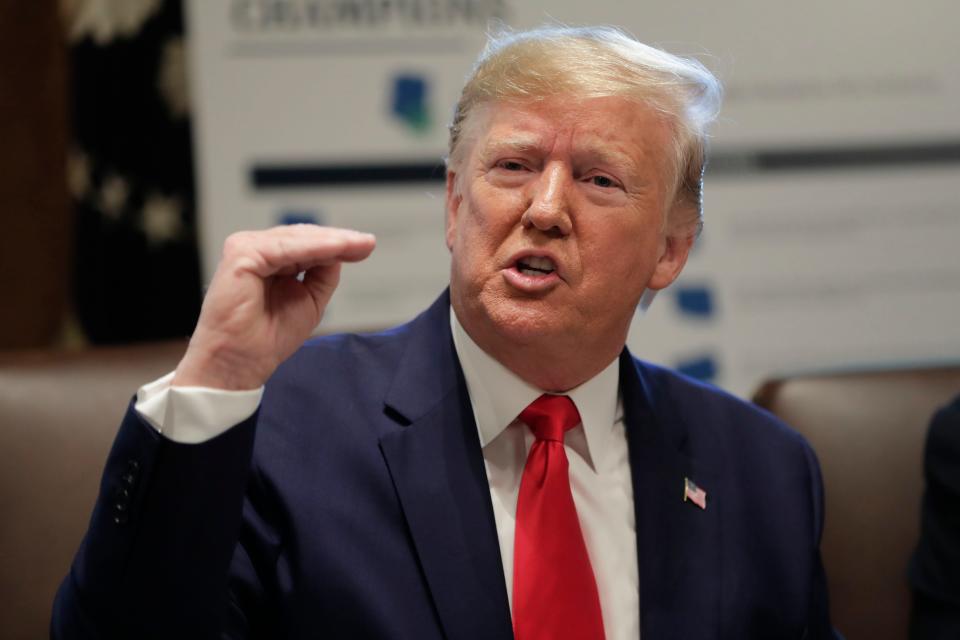 President Donald Trump speaking during a Cabinet meeting in the Cabinet Room of the White House, Monday, Oct. 21, 2019, in Washington.