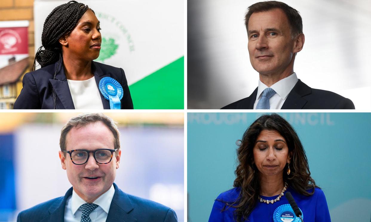 <span>Clockwise from top left: Kemi Badenoch, Jeremy Hunt, Suella Braverman and Tom Tugendhat.</span><span>Composite: Sopa Images/Rex/Shutterstock, Getty, PA</span>