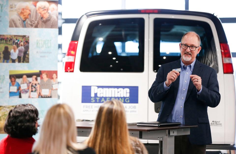 Greg Burris, president and CEO of the United Way of the Ozarks, speaks at an announcement of a $375,000 Let's Get to Work Fund to support workers and job seekers who face transportation barriers on Wednesday, Dec. 8, 2021.