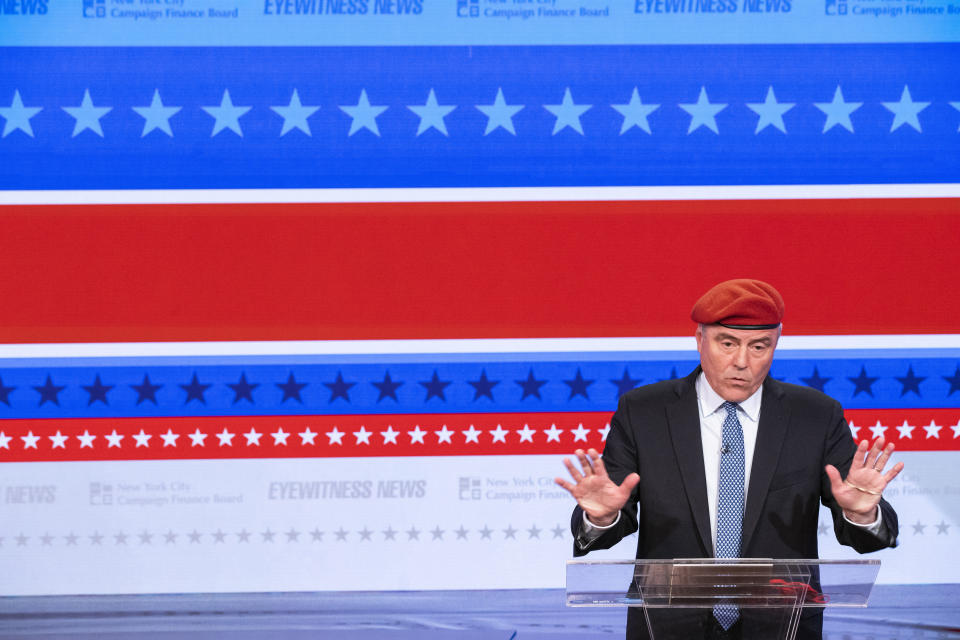 Republican candidate for New York City mayor, Curtis Sliwa, speaks during a debate with Eric Adams, Brooklyn borough president and Democratic mayoral candidate, at the ABC-7 studios in New York, Tuesday, Oct. 26, 2021. (Eduardo Munoz/Pool Photo via AP)