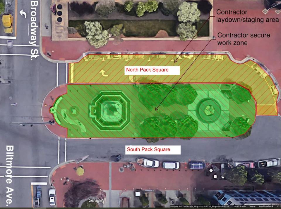 The removal of the remaining Vance Monument structure at Pack Square Plaza will begin May 14 and last approximately two months. The contractor will begin the staging process May 13.