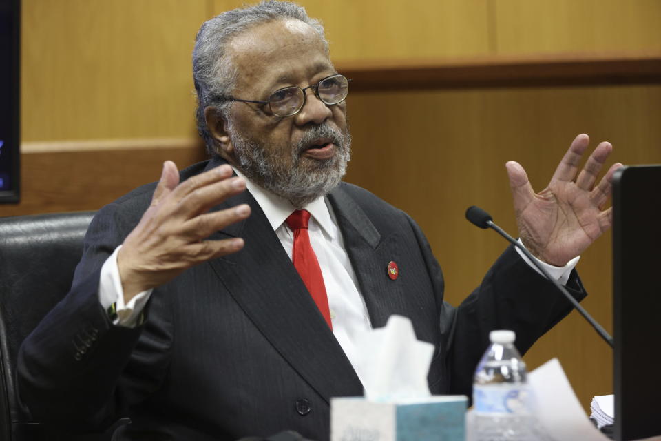 John Floyd III, father of Fulton District Attorney Fani Willis, testifies during a hearing on the Georgia election interference case, Friday, Feb. 16, 2024, in Atlanta. The hearing is to determine whether Willis should be removed from the case because of a relationship with Nathan Wade, special prosecutor she hired in the election interference case against former President Donald Trump. (Alyssa Pointer/Pool Photo via AP)