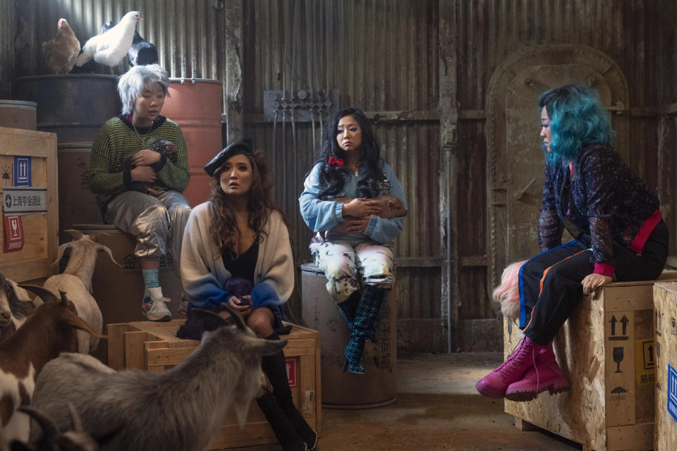 This image released by Lionsgate shows Sabrina Wu as Deadeye, from left, Ashley Park as Audrey, Stephanie Hsu as Kat and Sherry Cola as Lolo in a scene from "Joy Ride." (Ed Araquel/Lionsgate via AP)