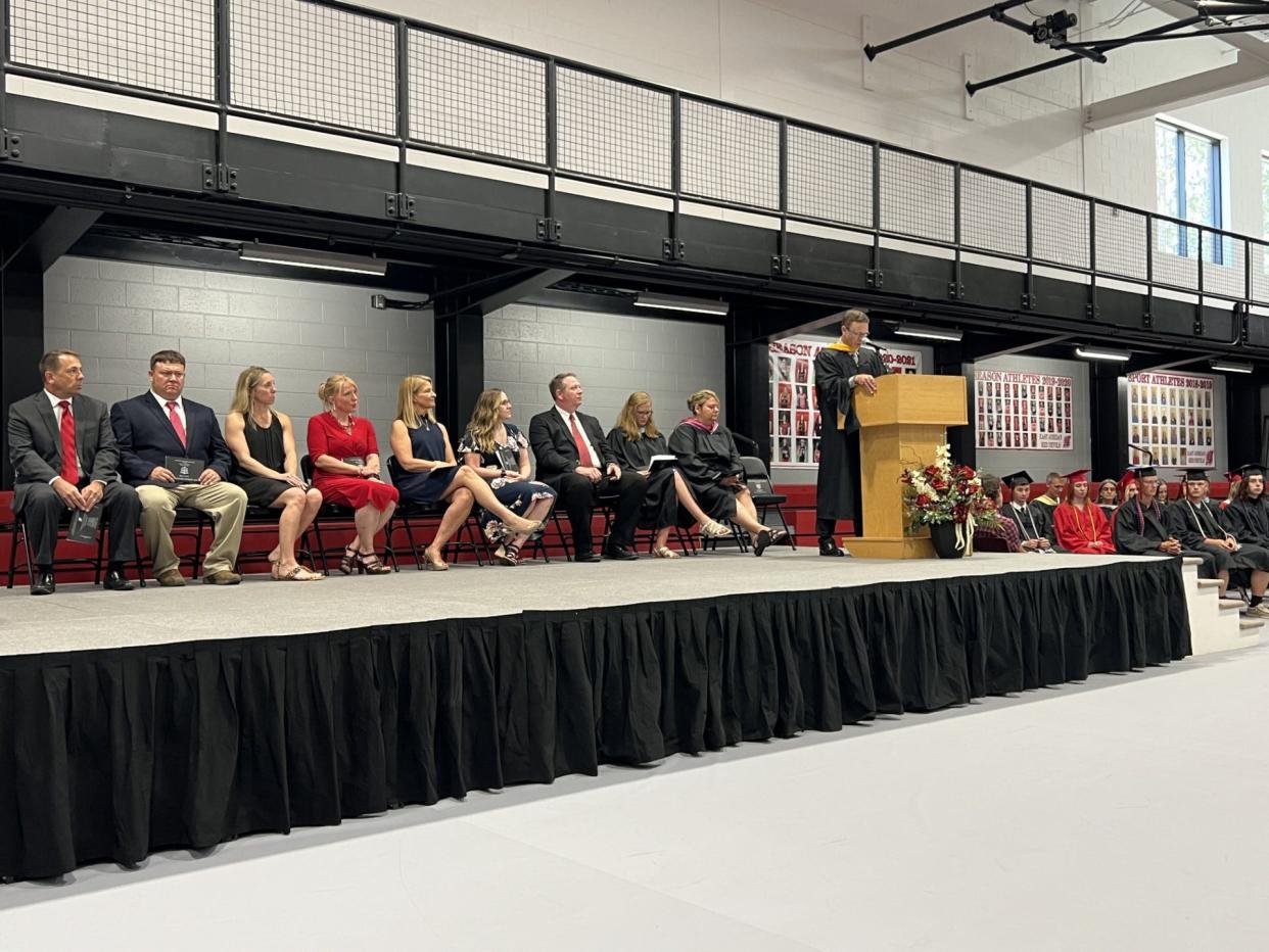 East Jordan Principal Nate Dionne addresses the Class of 2023 during graduation on June 4.