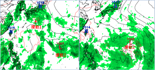 左圖：19日20時歐洲模式模擬顯示，23日20時第1個擾動大約行進至日本南方近海；第2個擾動在菲律賓東方海面醞釀發展。右圖：模擬顯示，26日20時第2個擾動仍在菲律賓東方海面。(圖擷自tropical tidbits)
