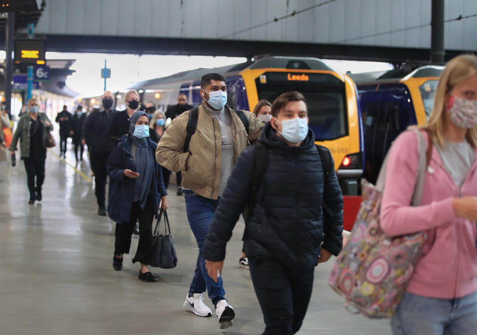 Commuters arriving at Leeds railway station. Train services will be ramped up from today as schools in England and Wales reopen and workers are encouraged to return to offices. (Photo by Danny Lawson/PA Images via Getty Images)