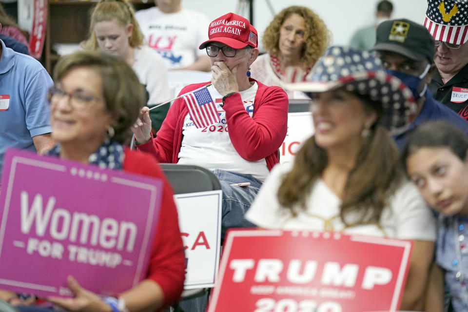 Becky Momberger reacts while watching the presidential debate at a Republican watch party Tuesday, Sept. 29, 2020, in Katy, Texas. (AP Photo/David J. Phillip)