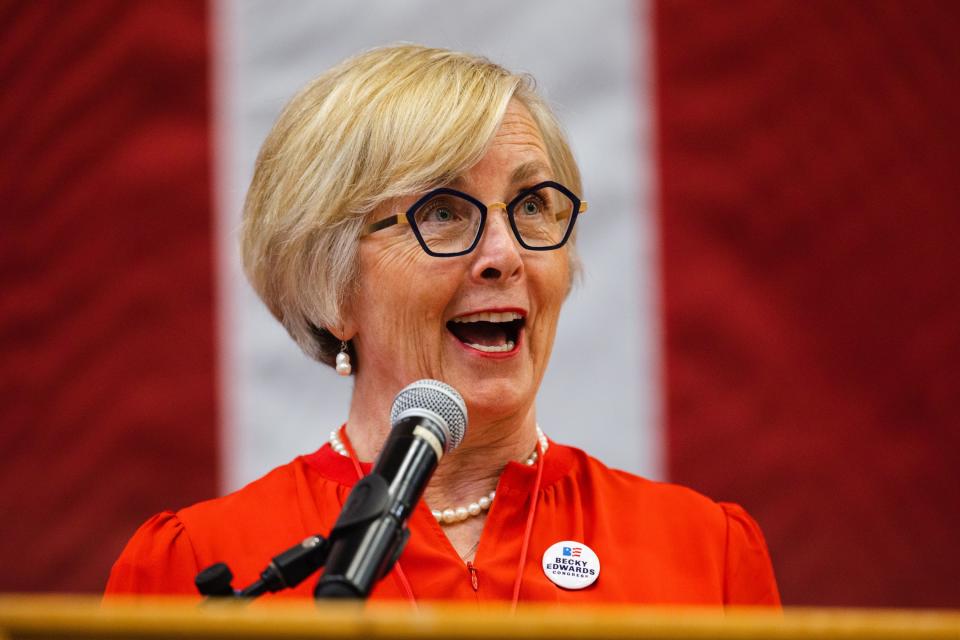Utah Congressional 2nd District candidate Becky Edwards speaks during the Utah Republican Party’s special election at Delta High School in Delta on June 24, 2023. | Ryan Sun, Deseret News