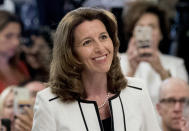 FILE - Northrop Grumman's CEO Kathy Warden speaks at a White House ceremony on July 19, 2018 in Washington. More women are reaching the top ranks of the corporate suite of S&P 500 companies, but their numbers are still minuscule compared to their male counterparts. (AP Photo/Andrew Harnik, File)