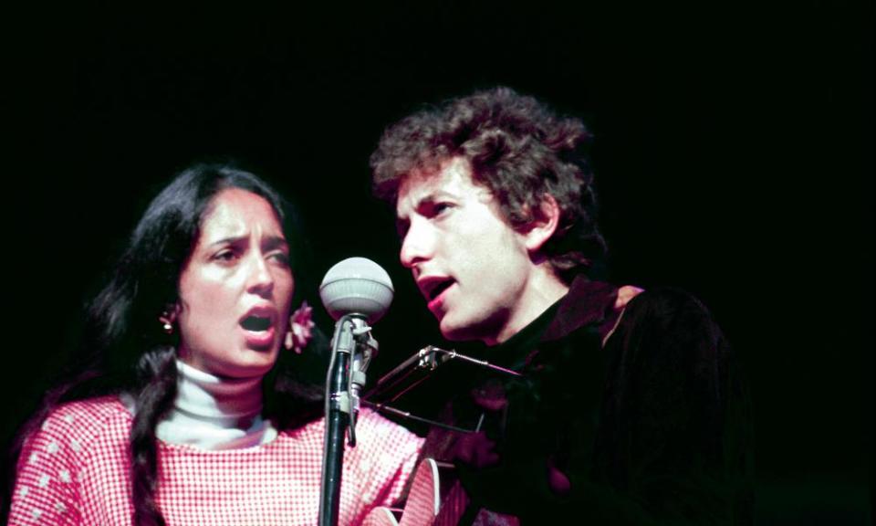 Joan Baez and Bob Dylan performing at the Newport folk festival circa 1964