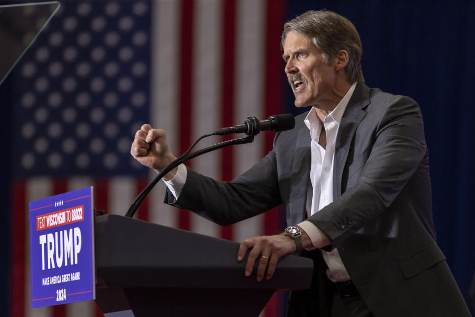 Madison, Wis. businessman and Republican U.S. Senate candidate, Eric Hovde speaks, Tuesday April 2, 2024, at a former President Donald Trump rally in Green Bay, Wis. The Wisconsin Senate race between Democratic Sen. Tammy Baldwin and Republican Eric Hovde is setting up as one of the most competitive and expensive Senate races in the country. (AP Photo/Mike Roemer)