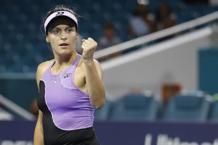 Mar 24, 2019; Miami Gardens, FL, USA; Tatjana Maria of Germany reacts after winning a point against Sloane Stephens of the United States (not pictured) in the third round of the Miami Open at Miami Open Tennis Complex. Mandatory Credit: Geoff Burke-USA TODAY Sports