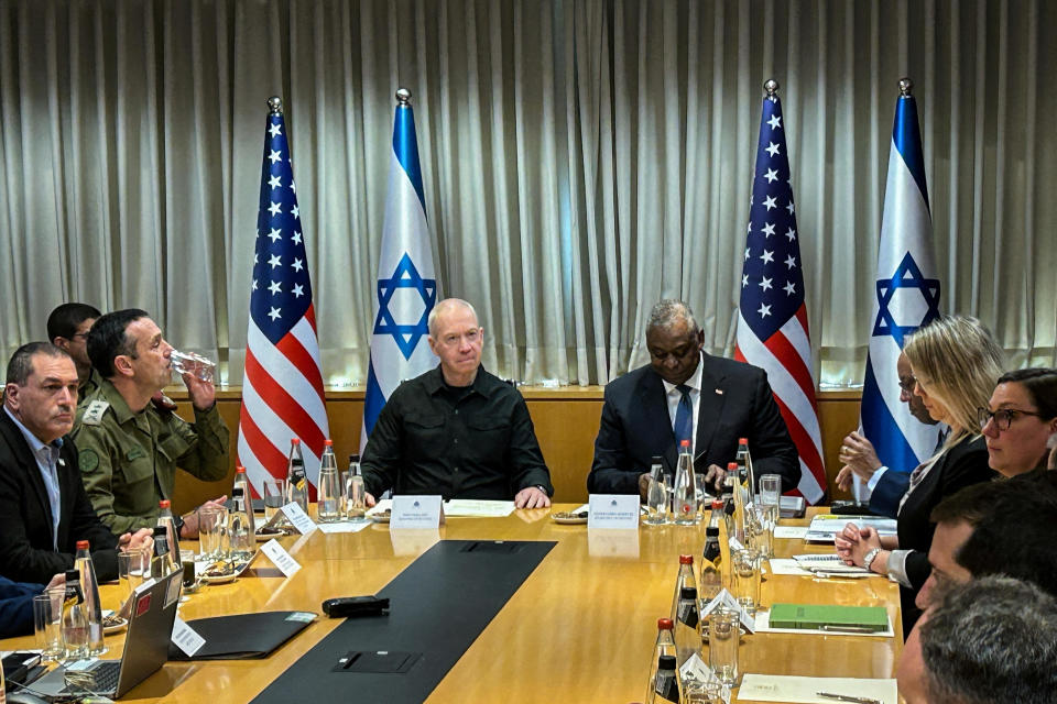 U.S. Secretary of Defense Lloyd Austin and Israeli Defense Minister Yoav Gallant meet amid the ongoing conflict between Israel and the Palestinian militant group Hamas, in Tel Aviv, Israel, Dec. 18, 2023. / Credit: Reuters/Phil Stewart