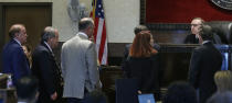 Judge Thad Balkman speaks with attorneys during the Opioid trial Monday, June 24, 2019 in Norman, Okla. (AP Photo/Sue Ogrocki, Pool) (AP Photo/Sue Ogrocki, Pool)