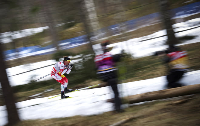Canada's Devon Kershaw competes during the season-ending FIS Cross-Country World Cup Men 15 km pursuit on March 18, 2012 in Falun. (Photo by Jonathan Nackstrand/AFP/Getty Images)