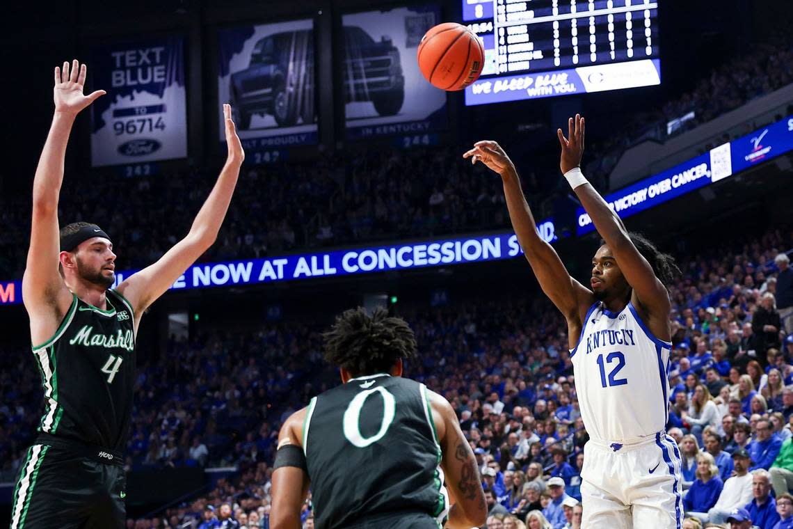 Kentucky super-senior guard Antonio Reeves (12) is making 49.4 percent of his field-goal attempts and leads the Wildcats in scoring at 19 points a game.