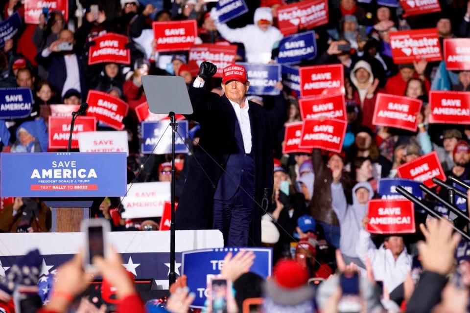 Former President Donald Trump takes the stage in Florence Saturday night. Thousands journeyed to the Florence Regional Airport on a cold, rainy Saturday to spend hours waiting to hear from former President Donald Trump and other S.C. Republican politicos at the ’Save America’ rally.March 12, 2022.