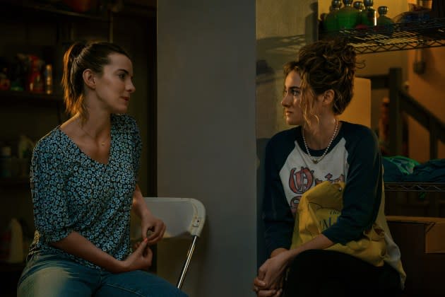 Betty Gilpin, left, with Shailene Woodley in 'Three Women' - Credit: Starz