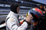 Felix Rosenqvist, of Sweden, prepares to drive during qualifications for the Indianapolis 500 auto race at Indianapolis Motor Speedway, Sunday, May 21, 2023, in Indianapolis. (AP Photo/Darron Cummings)