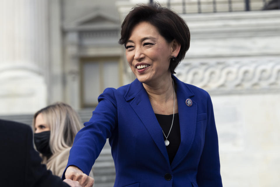 UNITED STATES - JANUARY 4: Rep. Young Kim, R-Calif., is seen during a group photo with freshmen members of the House Republican Conference on the House steps of the Capitol on Monday, January 4, 2021. (Photo By Tom Williams/CQ-Roll Call, Inc via Getty Images)