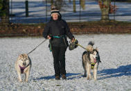 A dog walker takes a pair of huskeys out in the snow in Whitworth, County Durham. (PA Images via Getty Images)