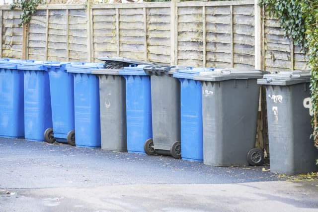 Line up of watse 'wheelie' bins in UK street