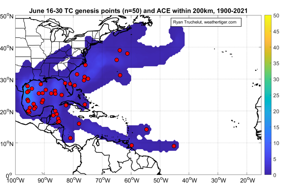 Where storms tend to form and move in late June.