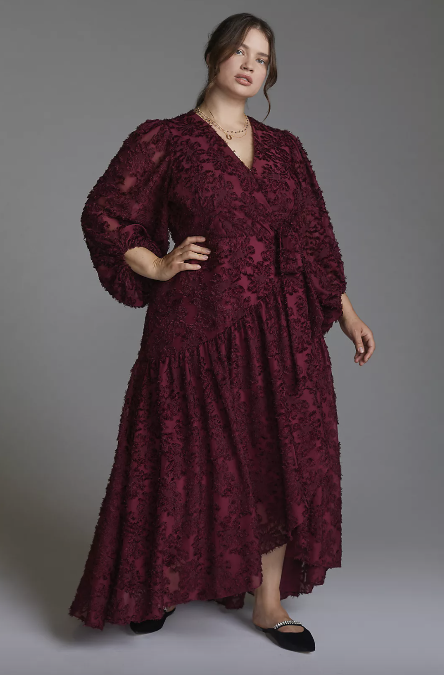 plus size model wearing burgundy Hutch Rosa Floral Wrap Maxi Dress Anthropologie