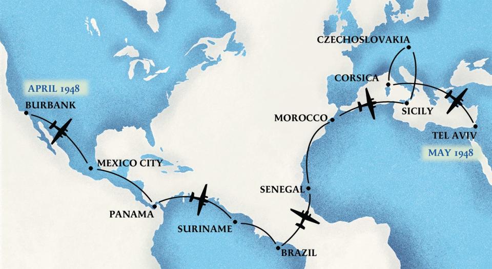 A map showing the smugglers route from Burbank to Tel Aviv