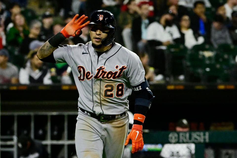 Tigers shortstop Javier Baez taunts the crowd after his three-run home run in the seventh inning on Saturday, Sept. 24, 2022, in Chicago.