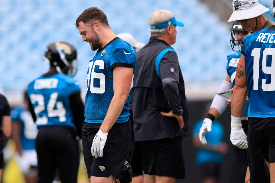 Jacksonville Jaguars tight end Gerrit Prince (86) smiles during the first day of a mandatory minicamp Monday, June 12, 2023 at TIAA Bank Field in Jacksonville, Fla. This is the first of a three day camp June 12-14. 